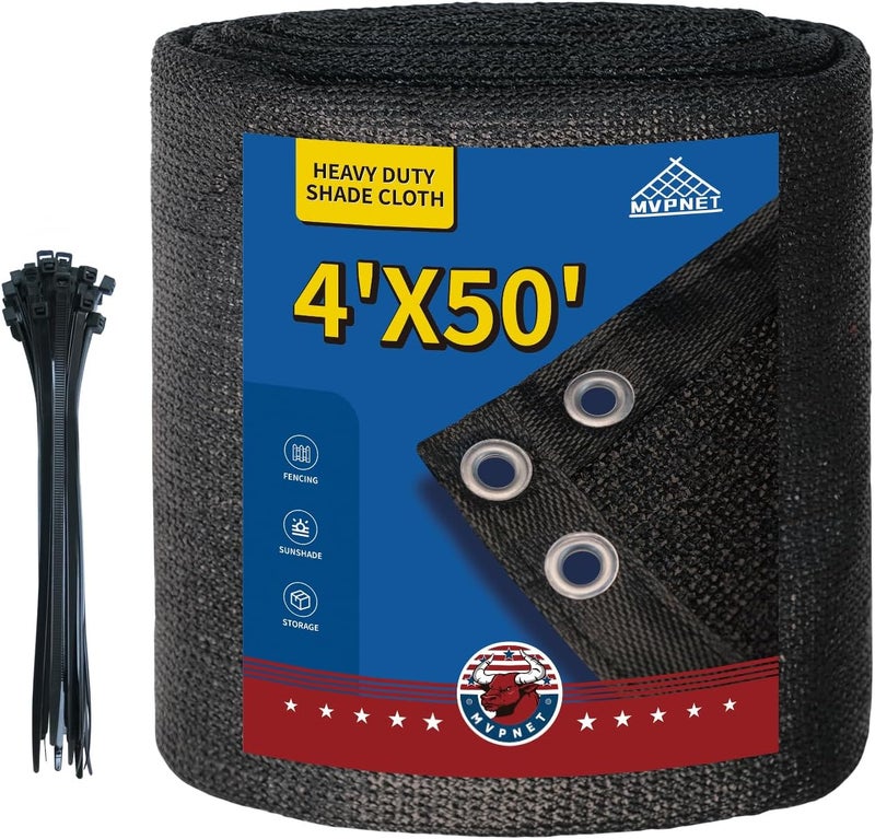 MVPNET 4x50Ft Garden Privacy Fence Screen, 145GSM Heavy Duty 90% Blockage Windbreak Mesh Tarp with Reinforced Edges & Anti-Rust Grommets, Includes Zip Ties for Garden, Yard, Backyard, Outdoor, Black - Image 1